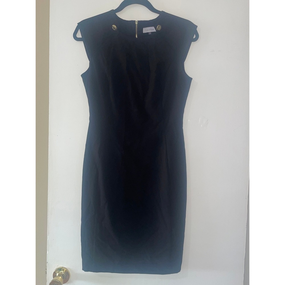 Calvin Klein Black Sheath Dress‎ Gold Button Accents M7DB7937 Size 2